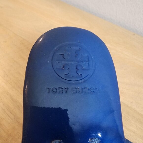 Tory Burch Sandals Womens Size 8 Blue Patent Leather Braided Thong Gold Logo - Picture 12 of 14